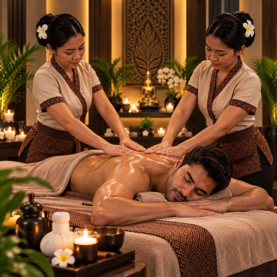 Two therapists performing a four hands massage