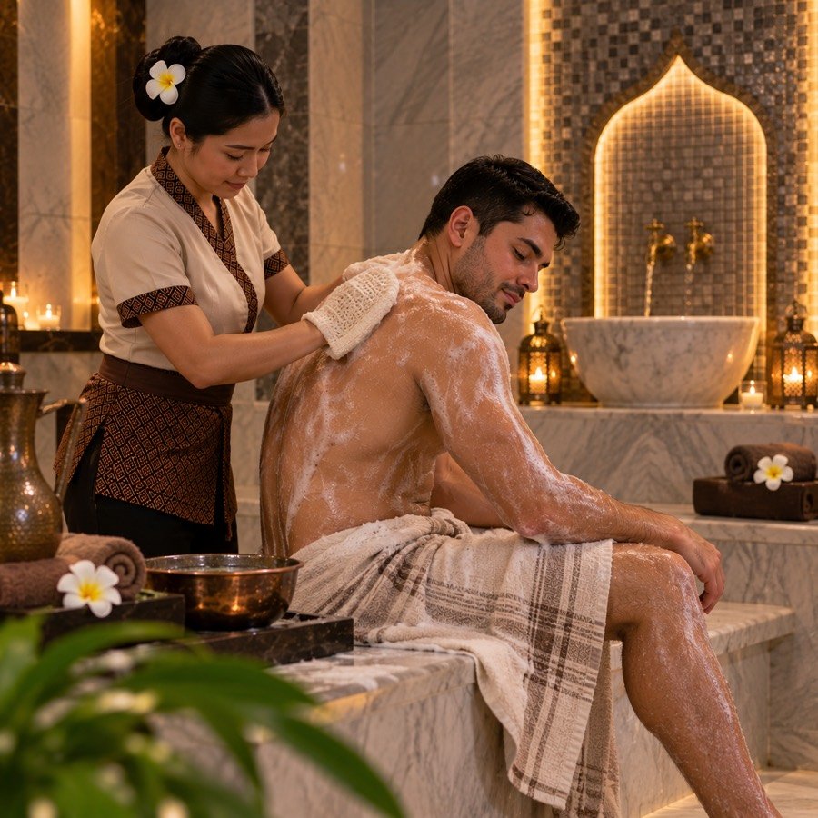 Moroccan bath scrub on a marble hammam bench