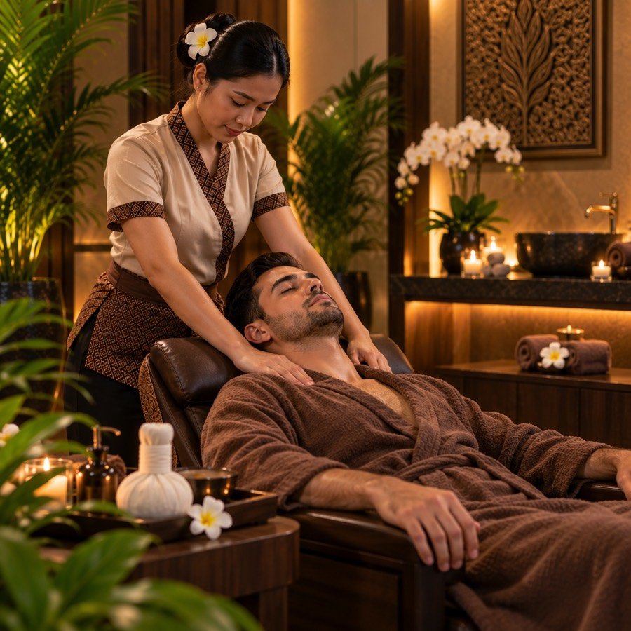 Shoulder massage in a leather lounger